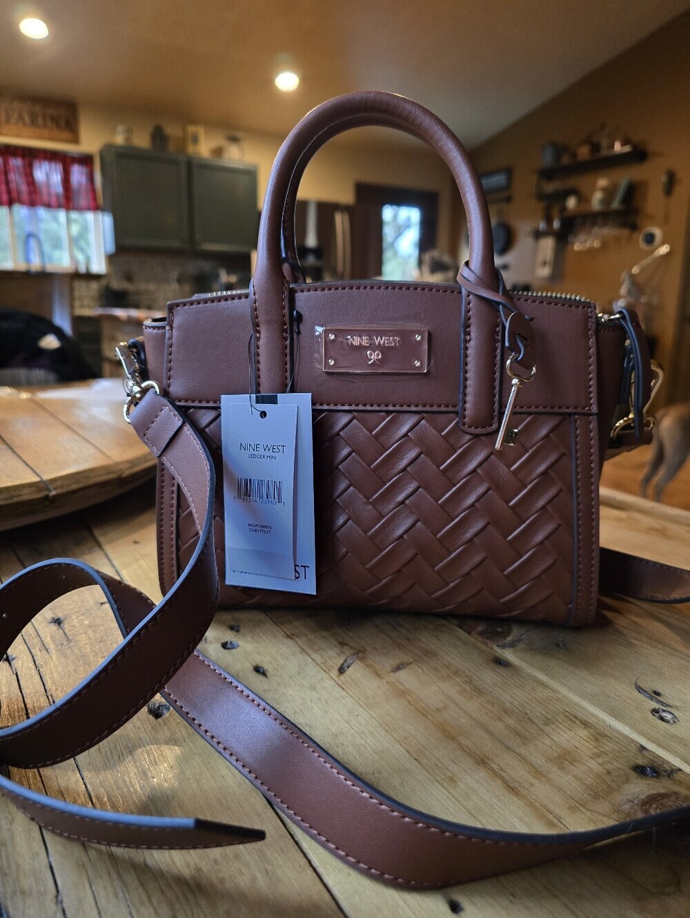 Nine West NWT Chestnut Brown Ledger Mini Woven Satchel Crossbody Bag